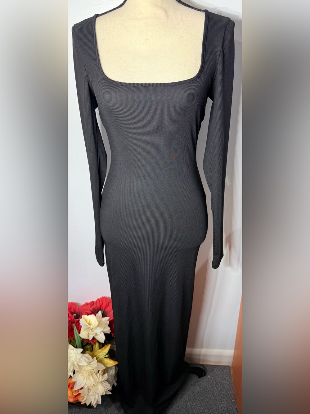 Fashion Nova Black Long Sleeve ribbed Maxi Dress